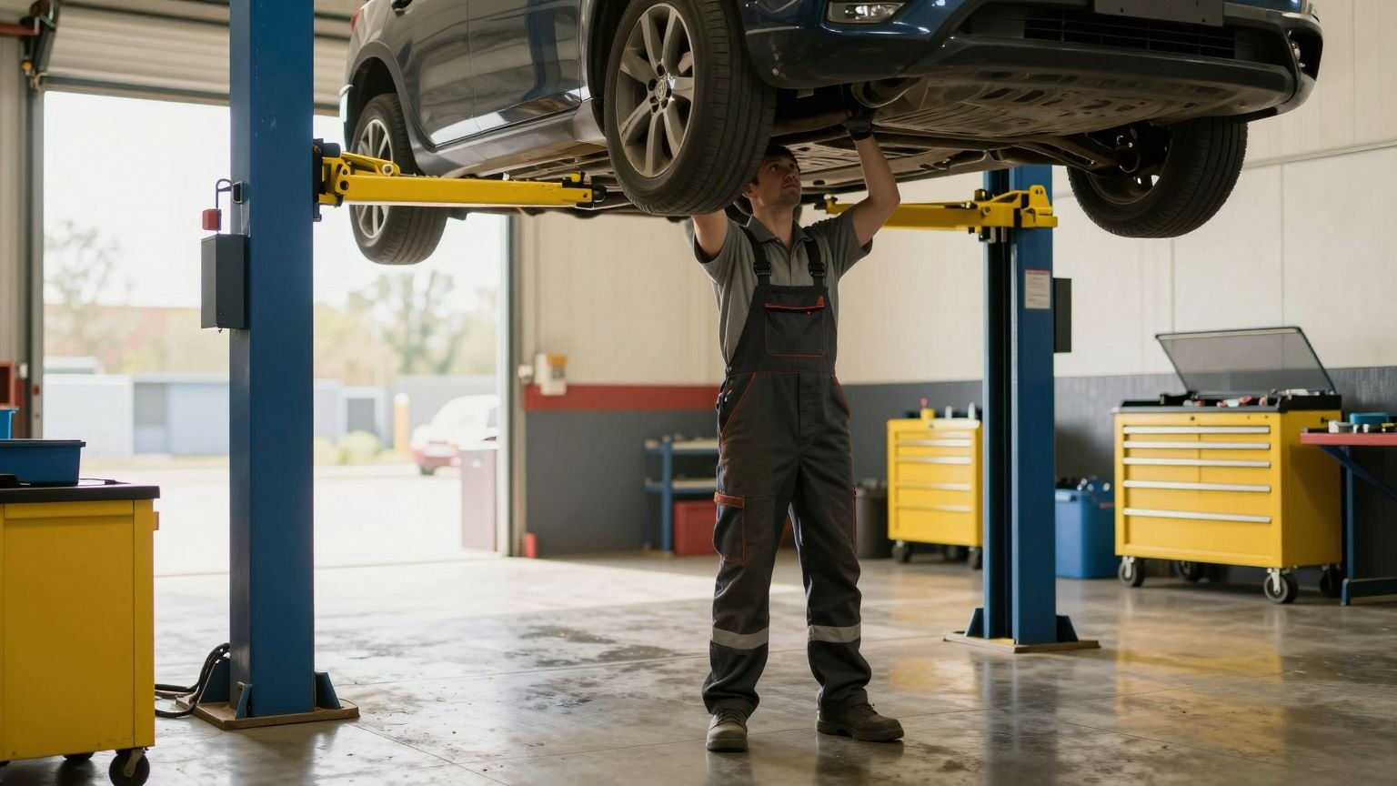 A car up on a lift in a workshop bay